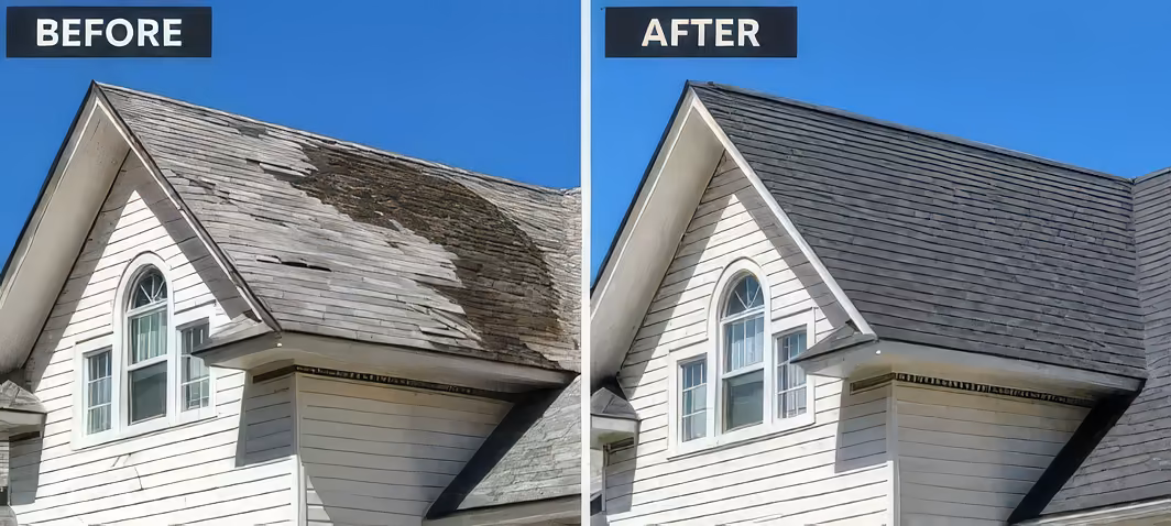 Before and after: a worn, stained shingle roof replaced with new dark gray shingles
