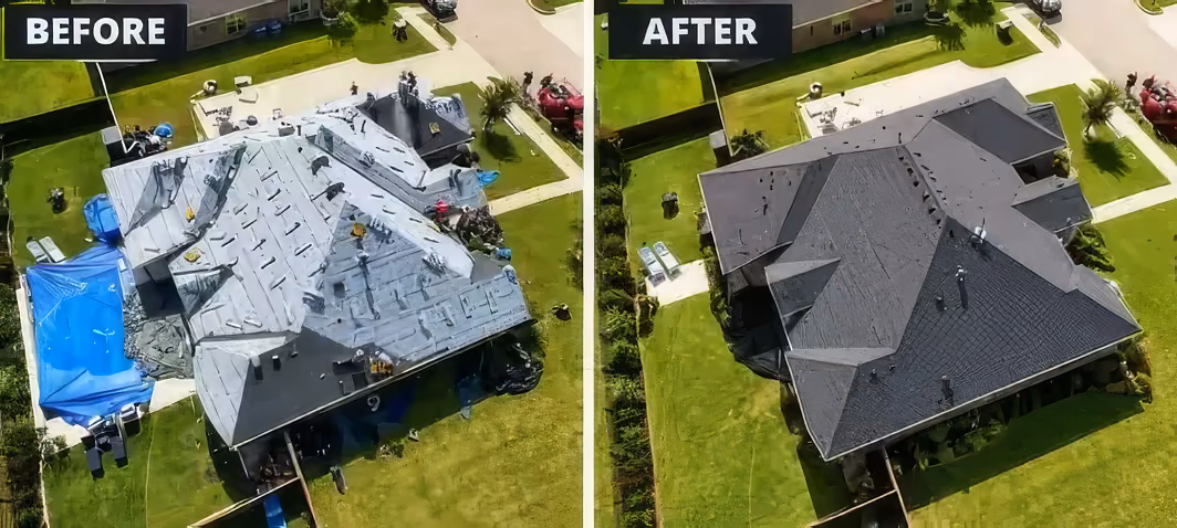 Before and after from above: old roof torn off and covered, then finished with new shingles