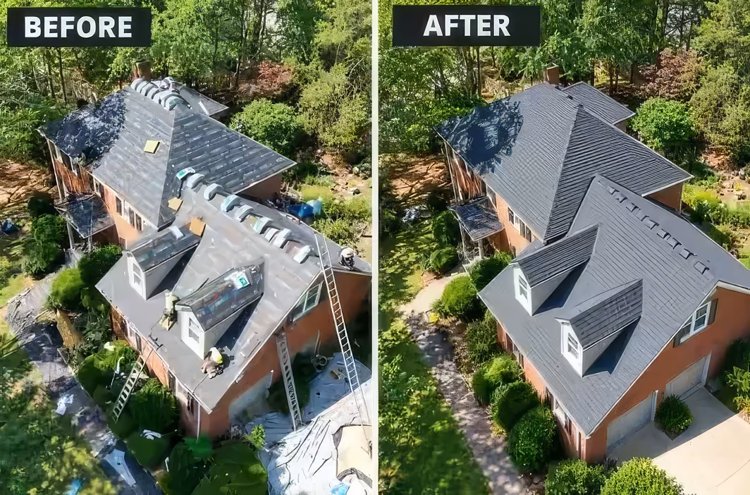 Before and after: a two story brick home during and after a full roof replacement