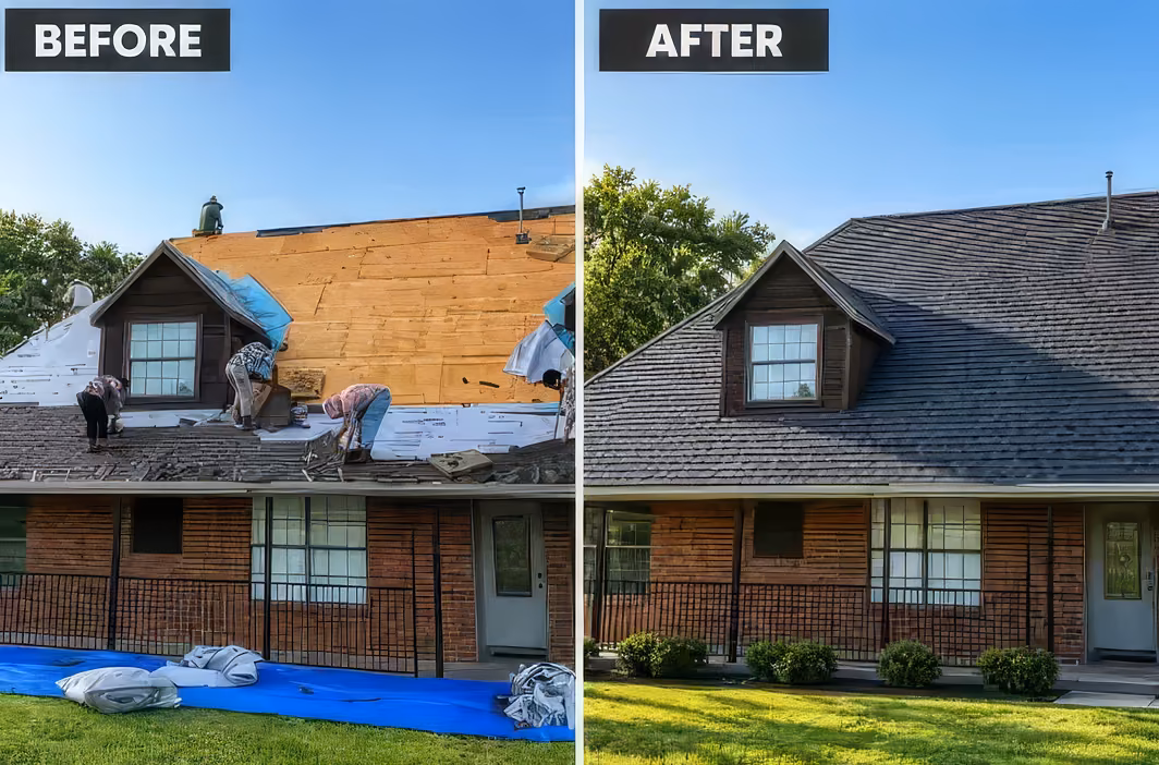 Before and after: crew tearing off a roof, then the finished new roof